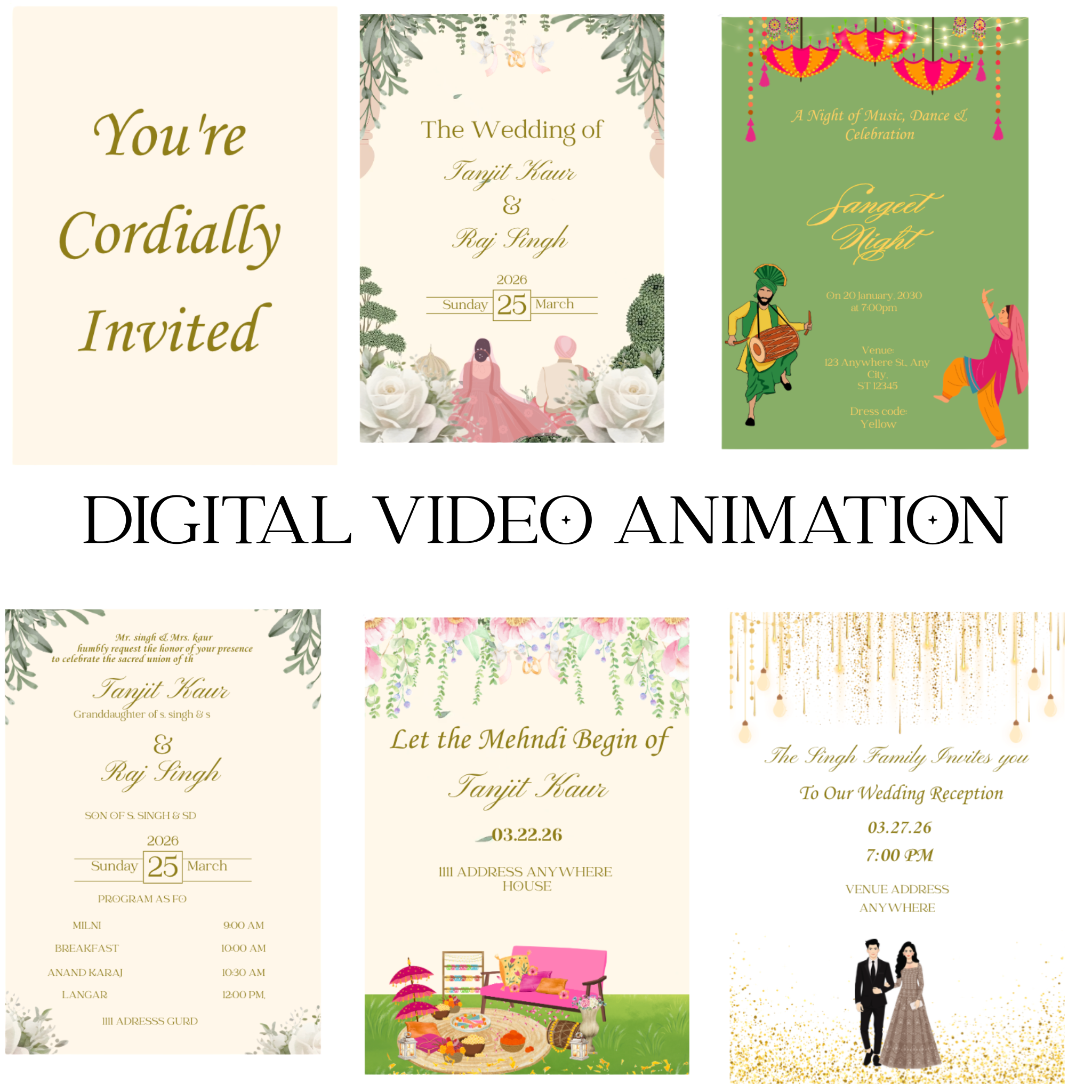 Custom Animated Wedding Invitation Video | Mehndi, Anand Karaj, Sangeet, Reception Included