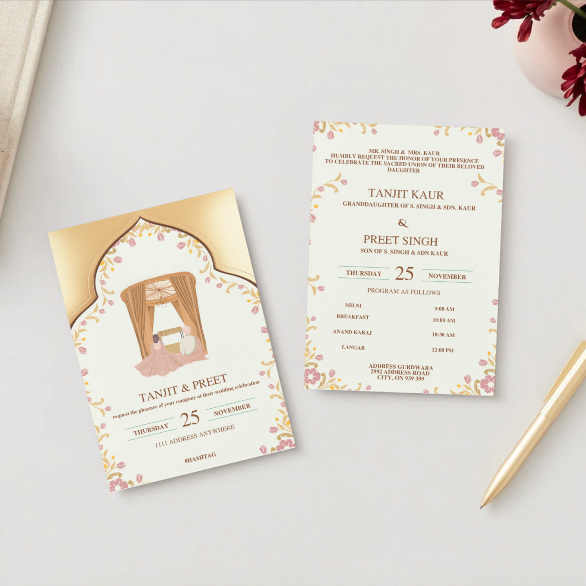 Anand Karaj wedding invitation card with bride and groom names, featuring Sikh symbols and pastel floral design
