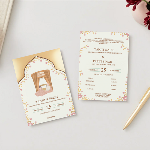 Anand Karaj wedding invitation card with bride and groom names, featuring Sikh symbols and pastel floral design