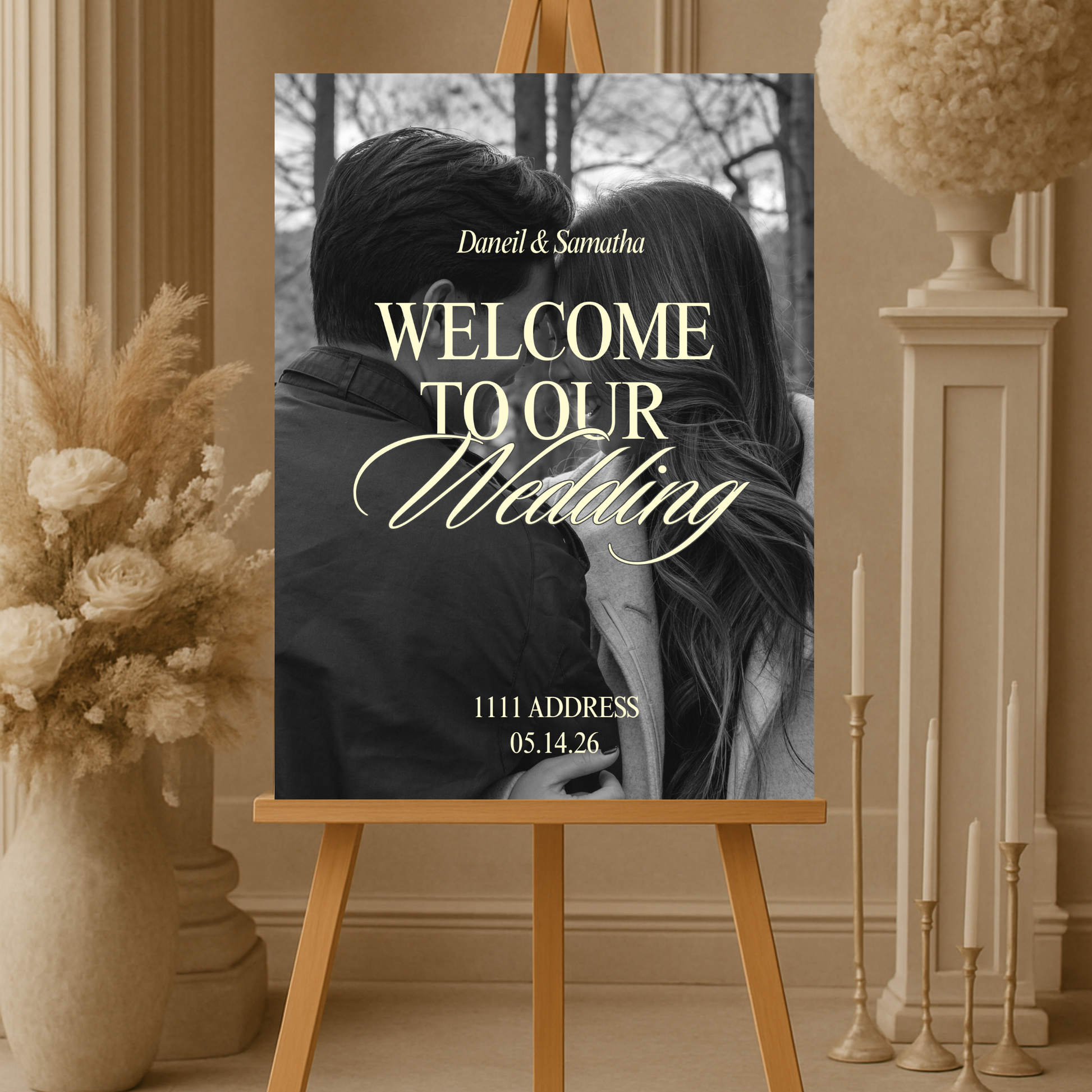 Elegant foam board wedding welcome sign with names bride and groom photo DIGITAL POSTER,