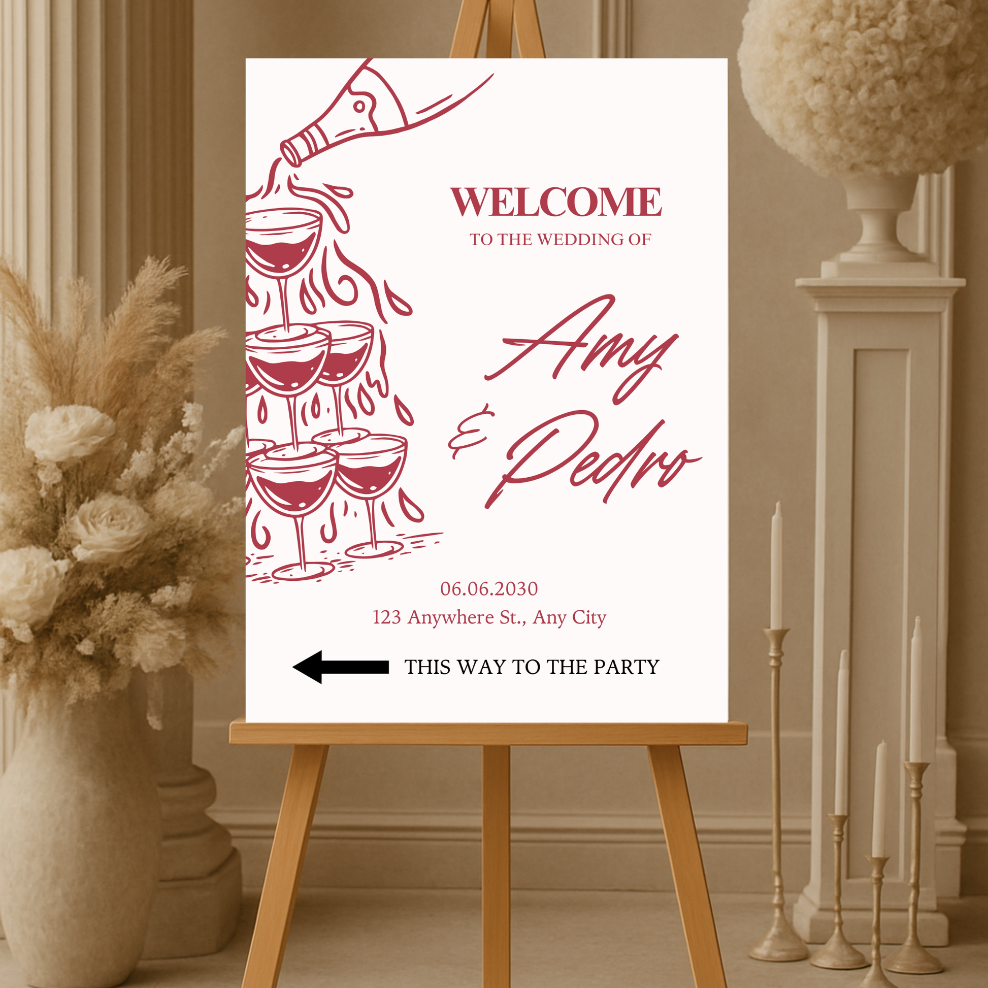 Custom Wedding Welcome Sign with Champagne Illustration – Modern Party-Themed Sign with Names and Date (Digital)