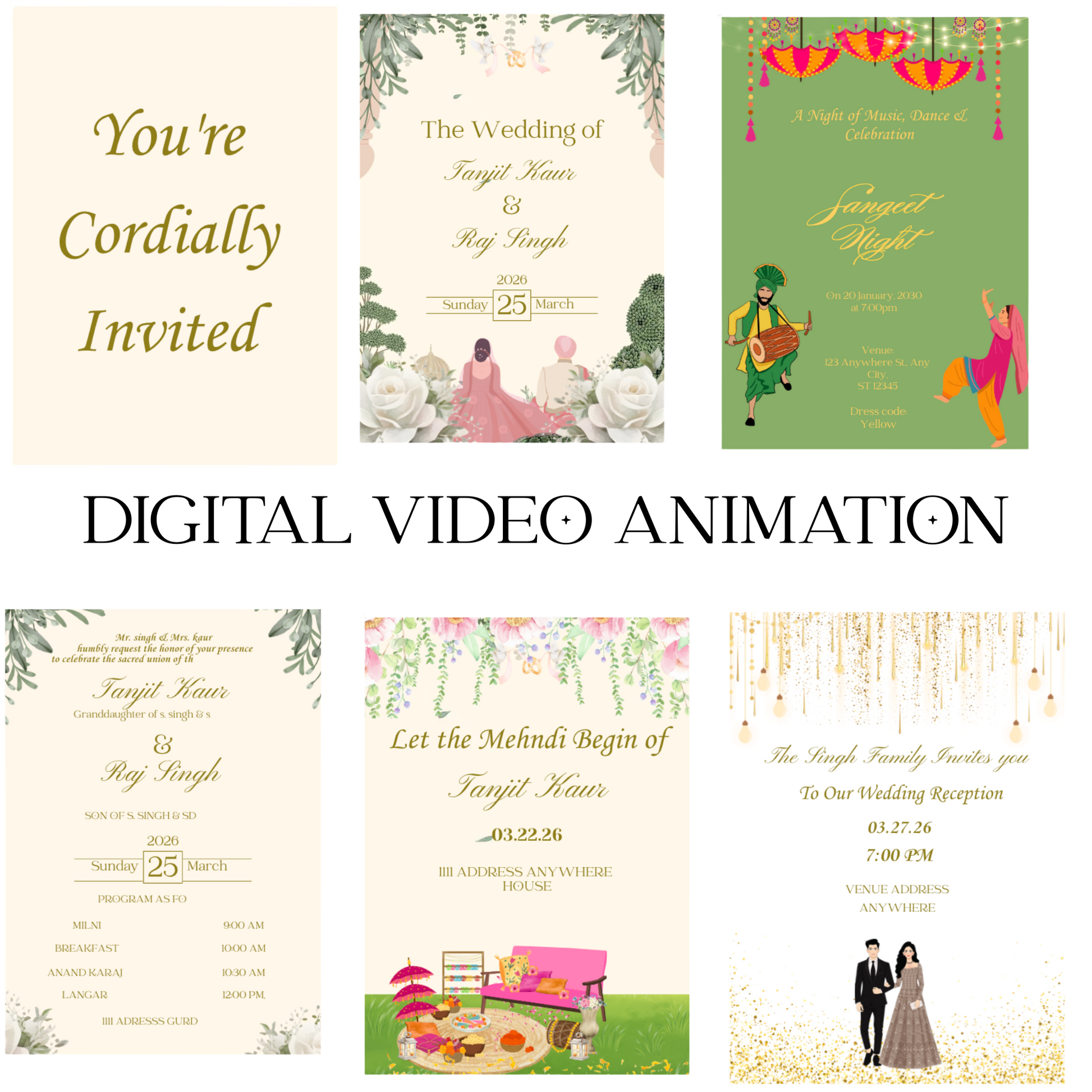 Custom Animated Wedding Invitation Video | Mehndi, Anand Karaj, Sangeet, Reception Included