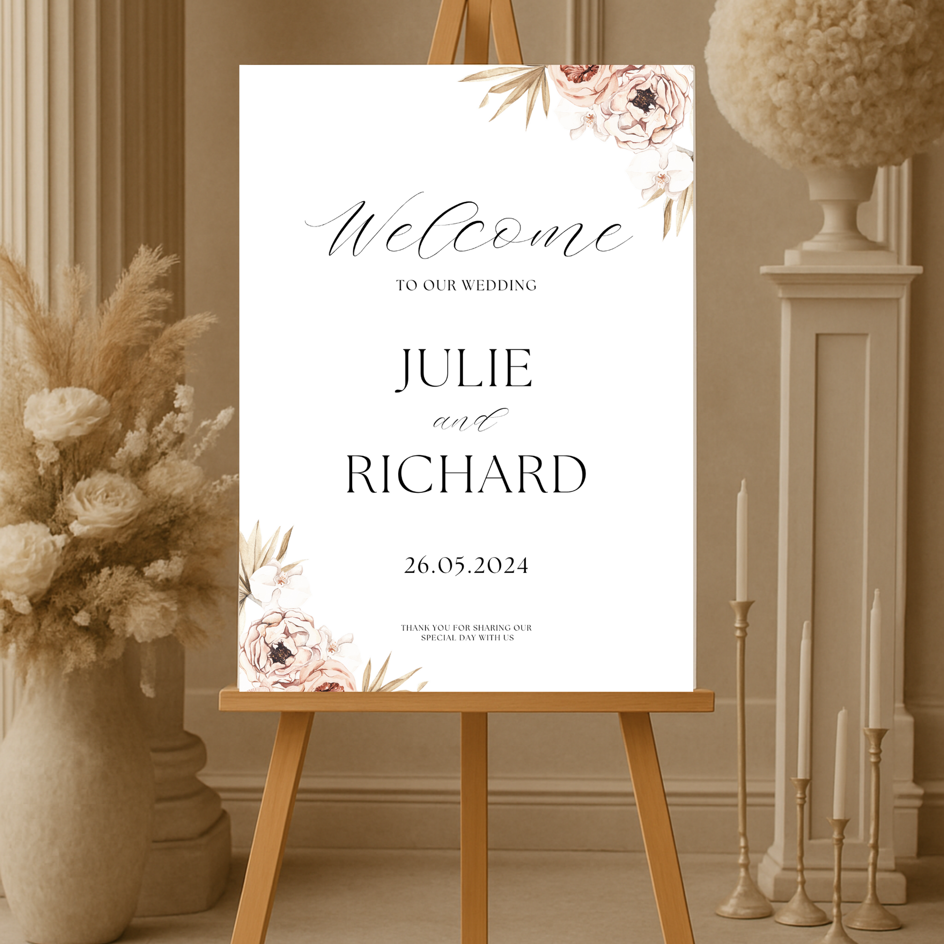  wedding welcome sign with bride and groom names, printed on white foam board, floral design DIGITAL DOWNLOAD 24x36 inches