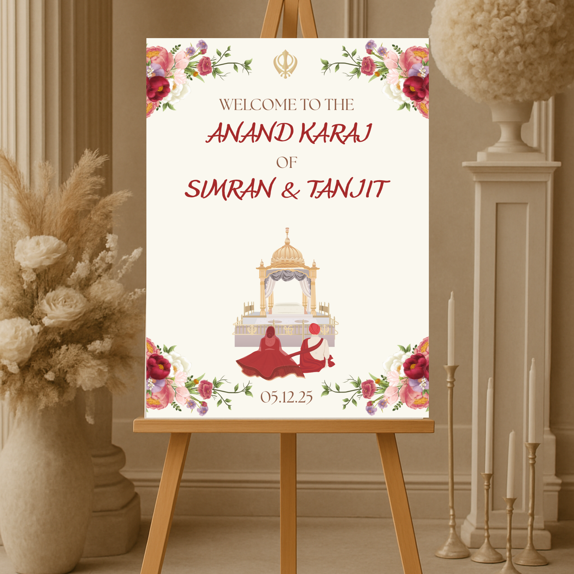 Anand Karaj wedding welcome sign with bride and groom names, printed on white foam board, featuring Sikh symbols and pastel floral design, 24x36 inches
