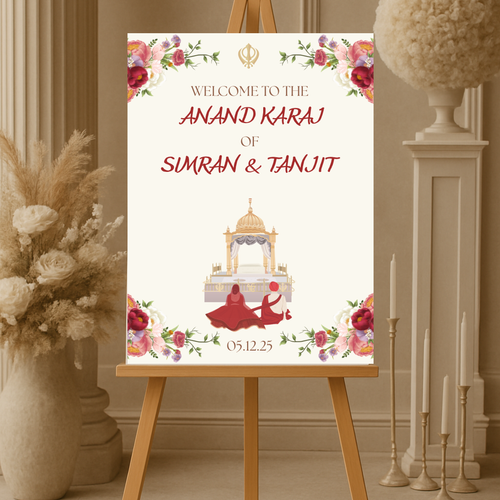 Anand Karaj wedding welcome sign with bride and groom names, printed on white foam board, featuring Sikh symbols and pastel floral design, 24x36 inches