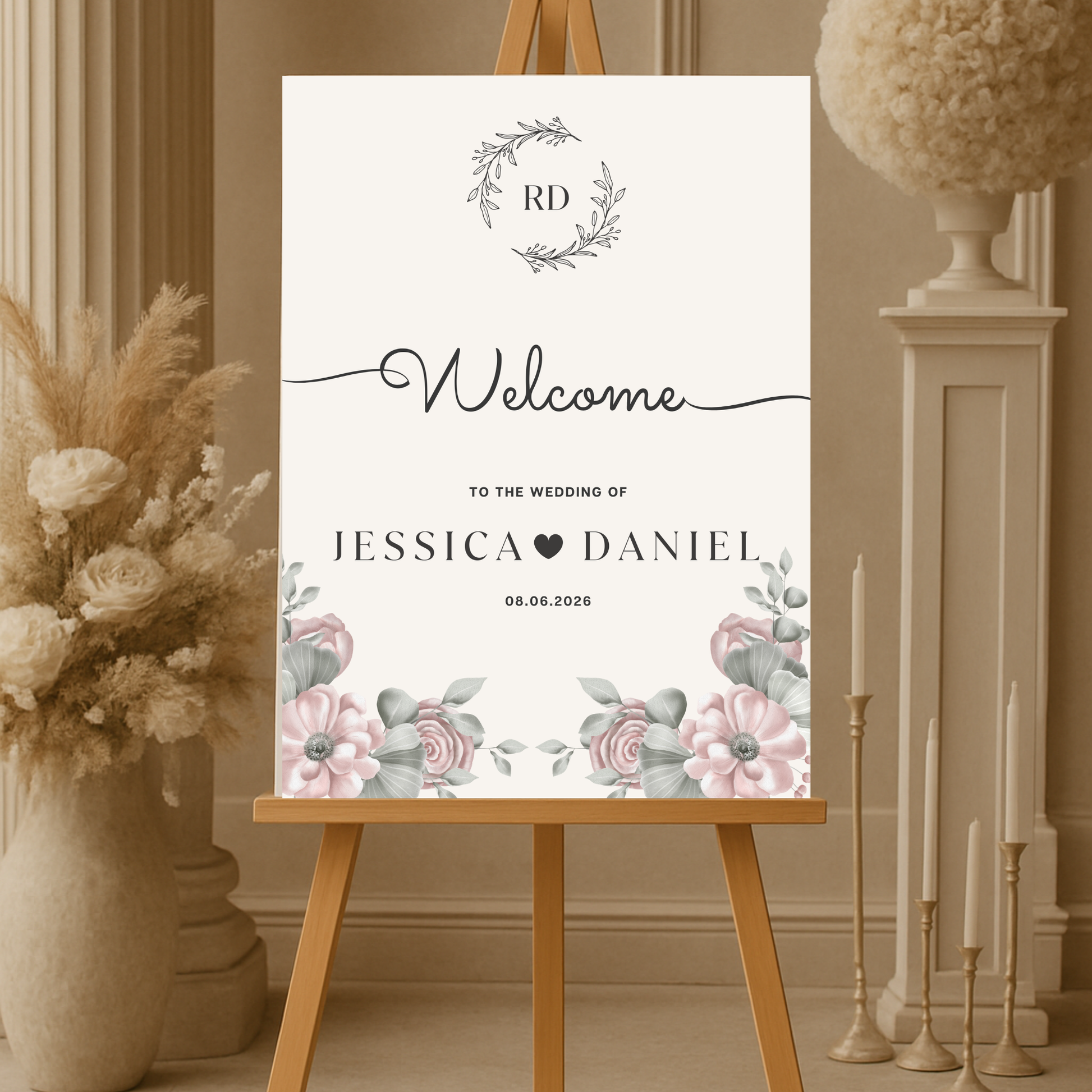 Elegant foam board wedding welcome sign with names bride and groom name, printed on foamboard poster 24x36
