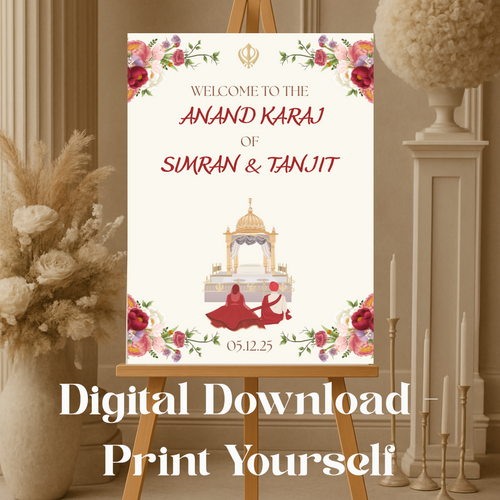 Anand Karaj wedding welcome sign with bride and groom names, featuring Sikh symbols and pastel floral design, 24x36 inches DIGITAL DOWNLOAD
