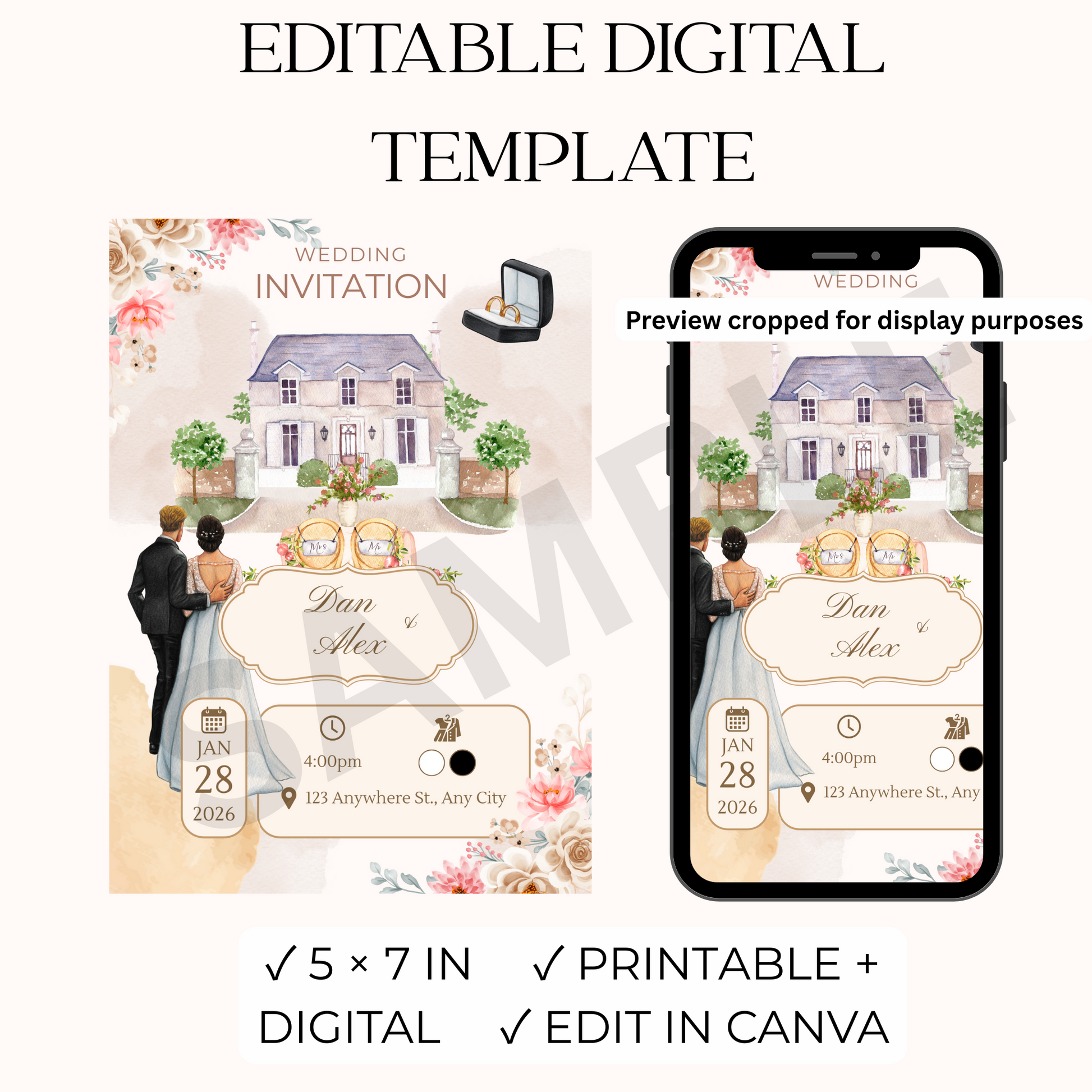 Editable Watercolor Wedding Invitation Template – Romantic Cottagecore Style, Illustrated Couple & Venue, Digital Download