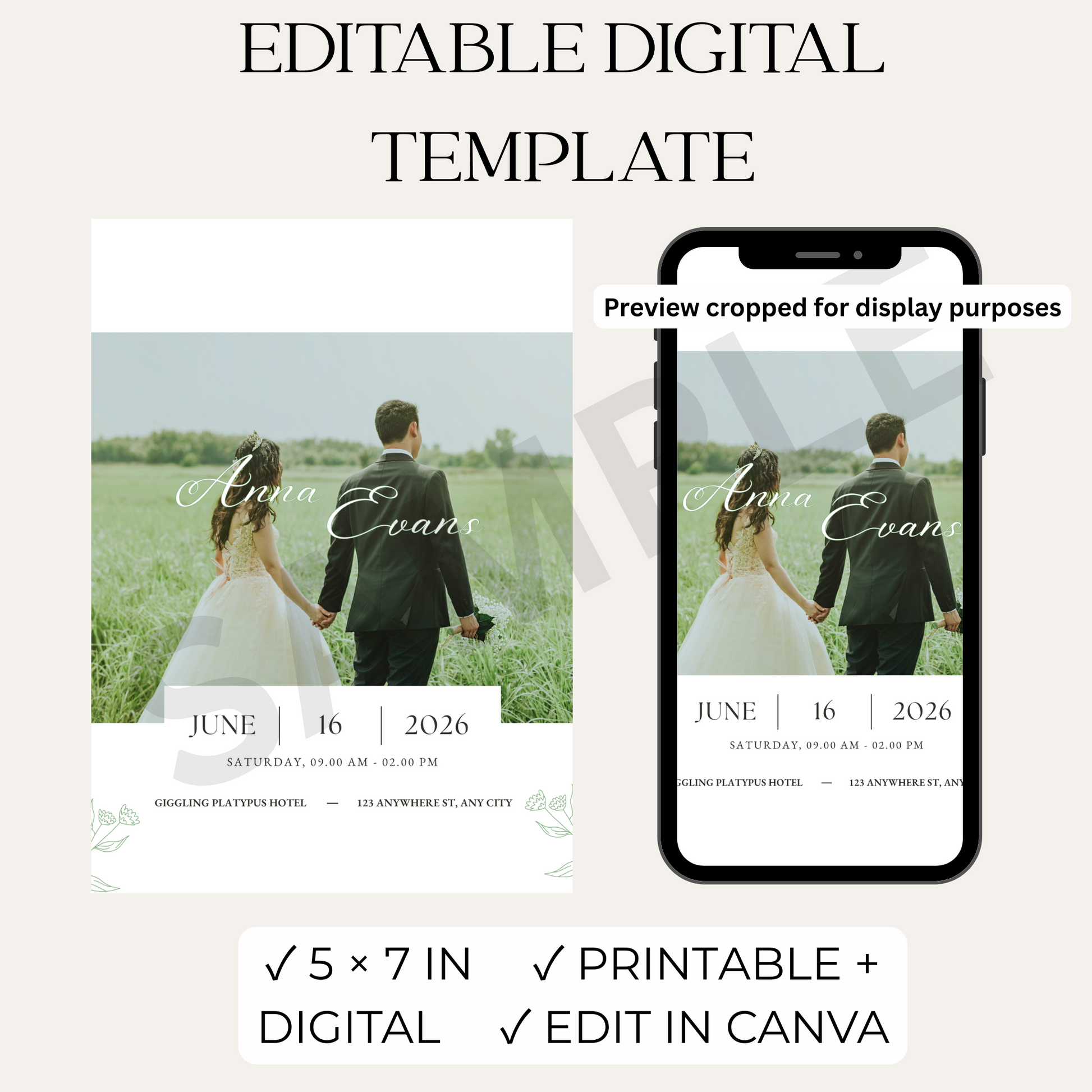 Modern Digital Wedding Invitation Template – Editable Design